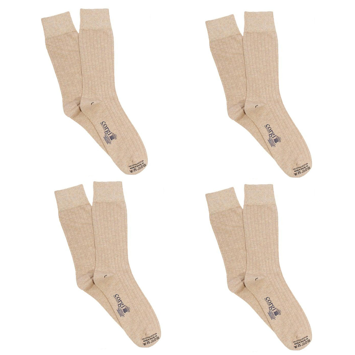 Four pairs of beige socks with a brand label on a white background