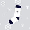 White sock with a question mark on a gray background with snowflake patterns
