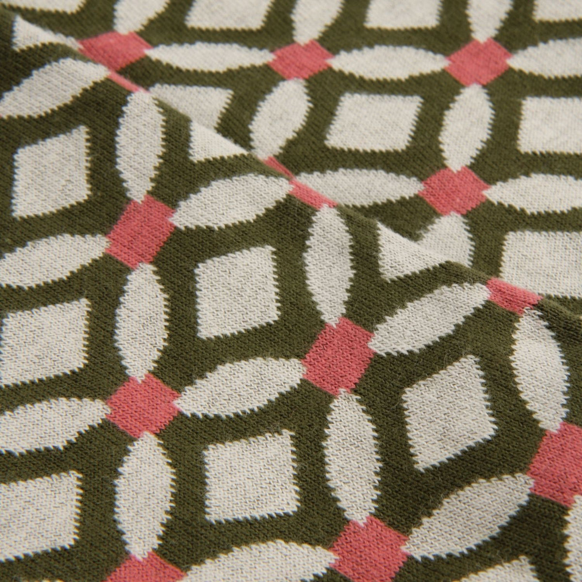 Close-up of a knitted fabric with an interlocking geometric pattern in olive green, off-white, and pink.