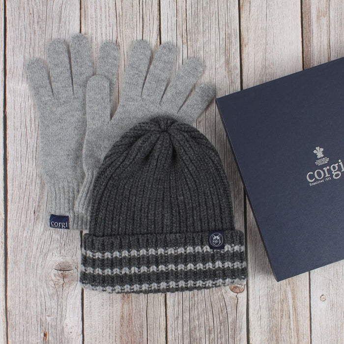 Men's Wool Striped Rib Hat and Glove Gift Box