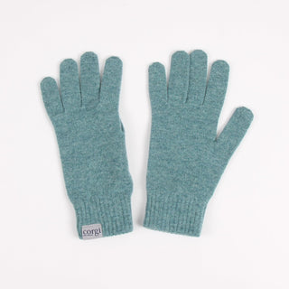 Pair of teal gloves with a 'corgi' brand label on a white background

