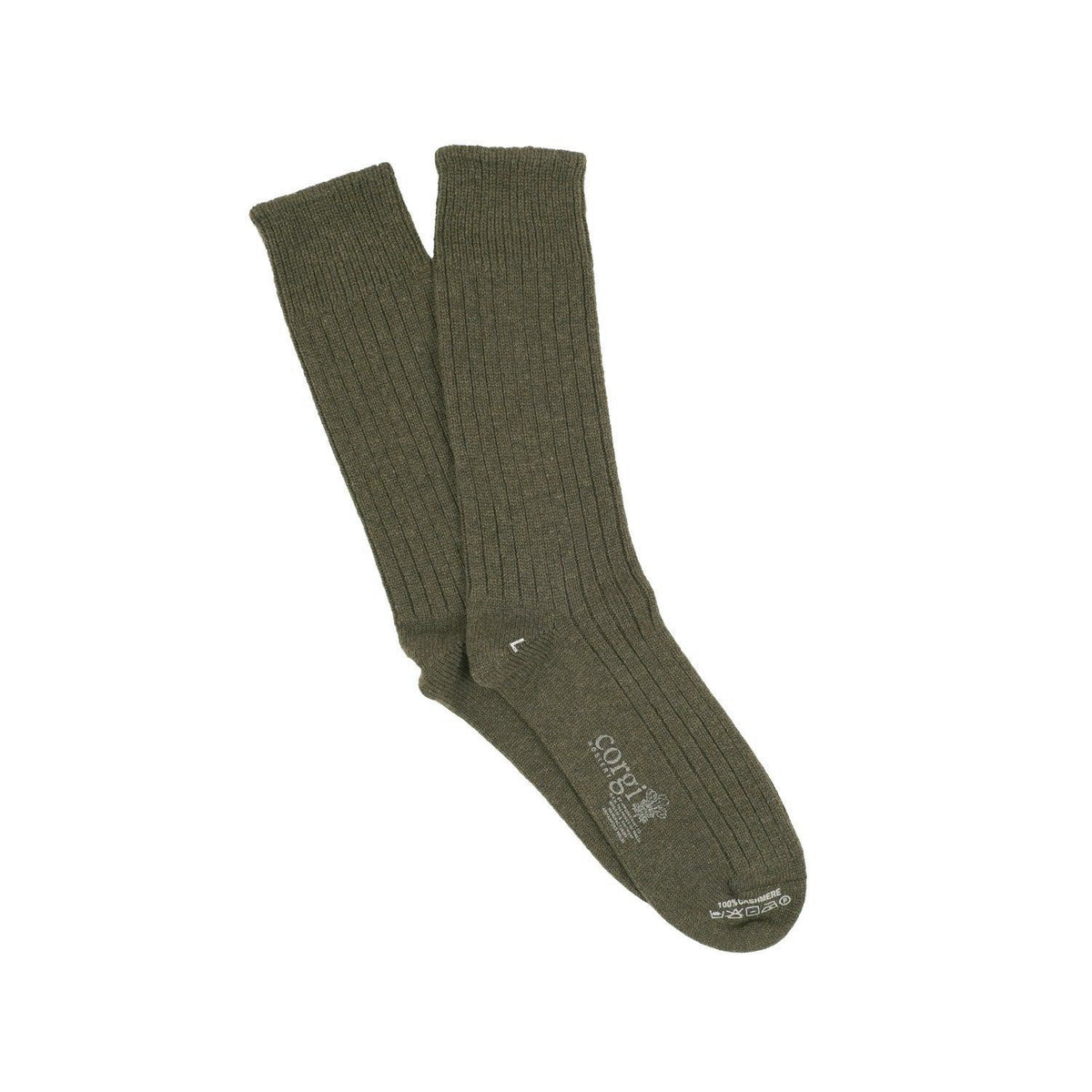 A pair of knitted socks shown flat.