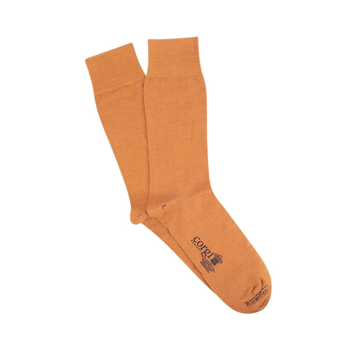 A pair of knitted socks shown flat.