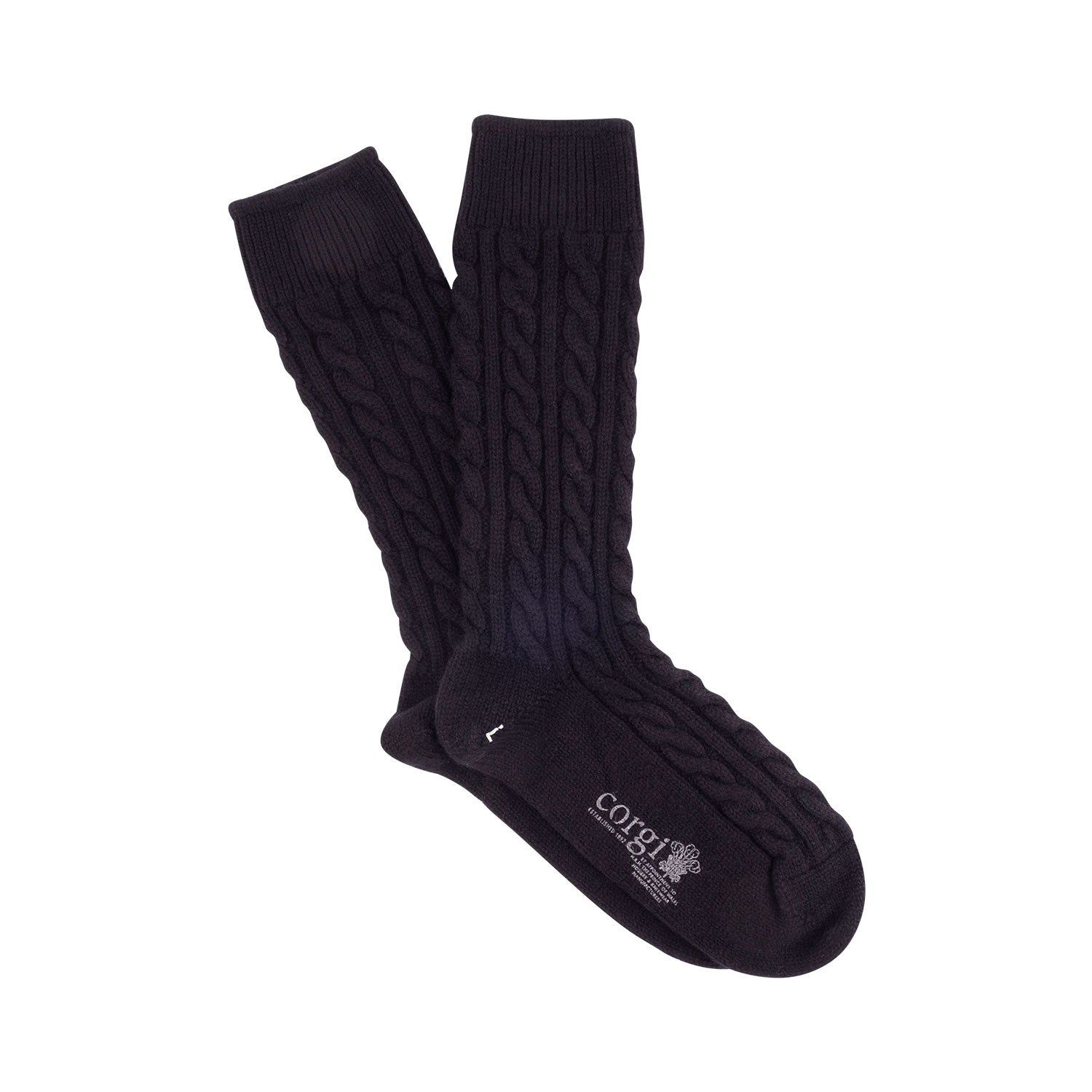 A pair of blue cashmere socks with a cable knit pattern, displayed against a white background.