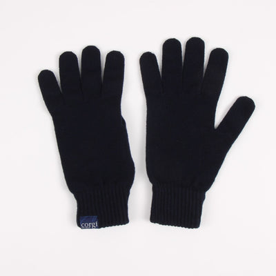 Pair of black gloves with a visible brand logo on a white background

