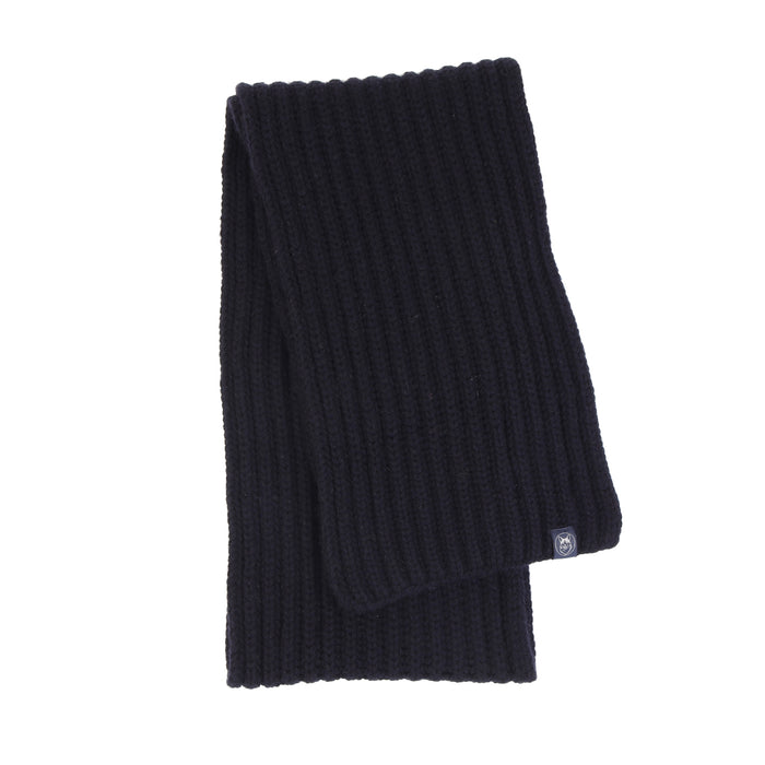 Navy ribbed knit scarf on a white background