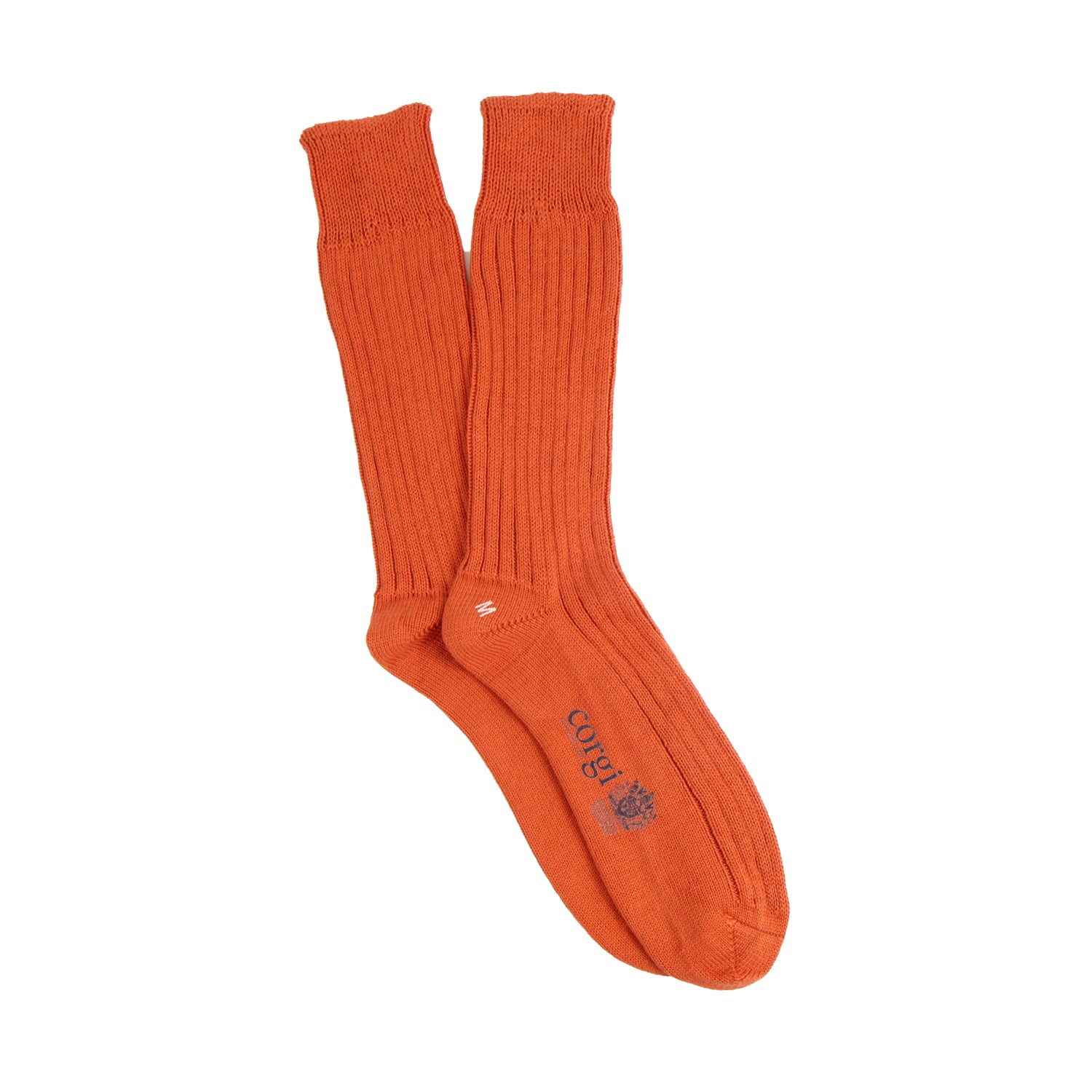 Orange sock with a brand logo on a white background