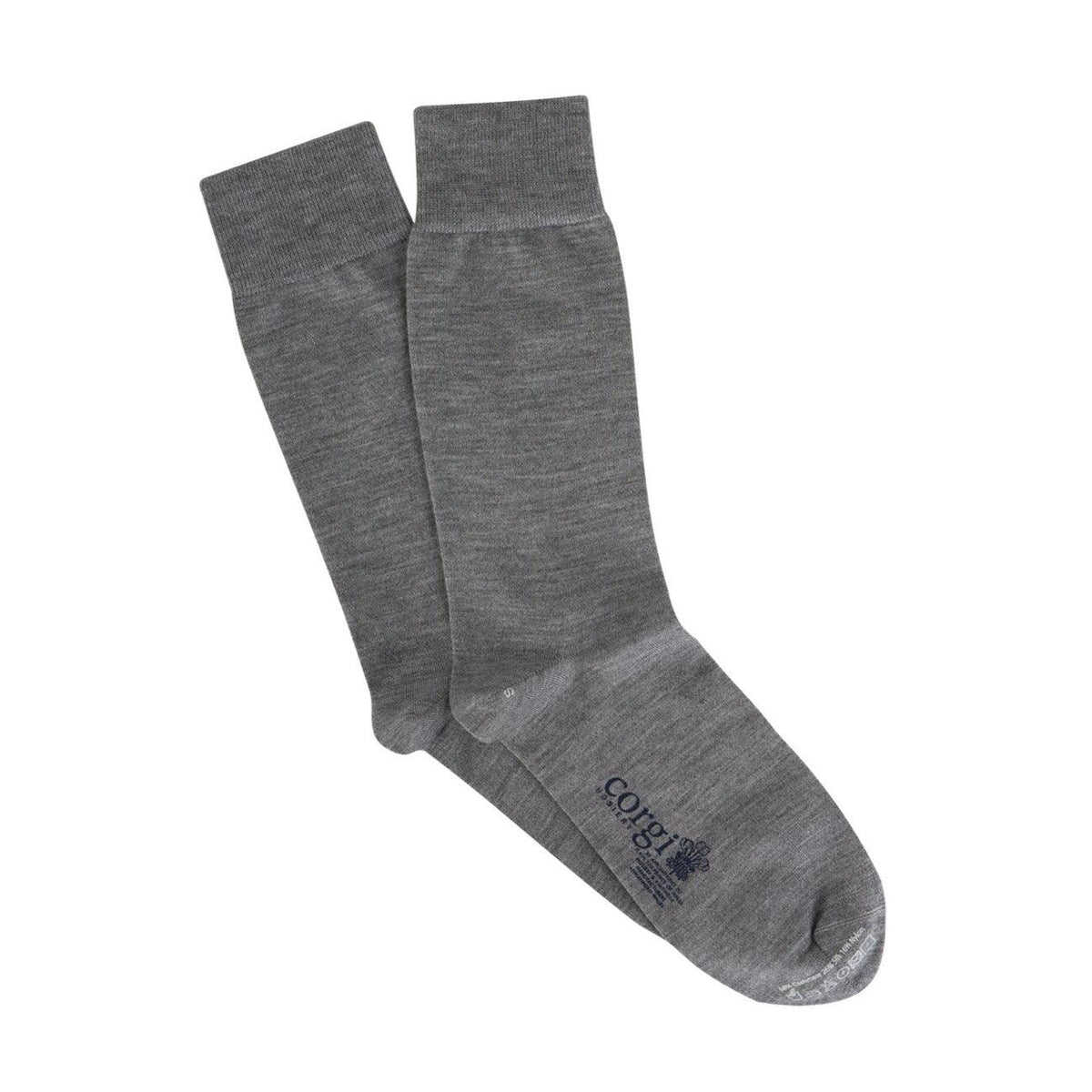 A pair of knitted socks shown flat.