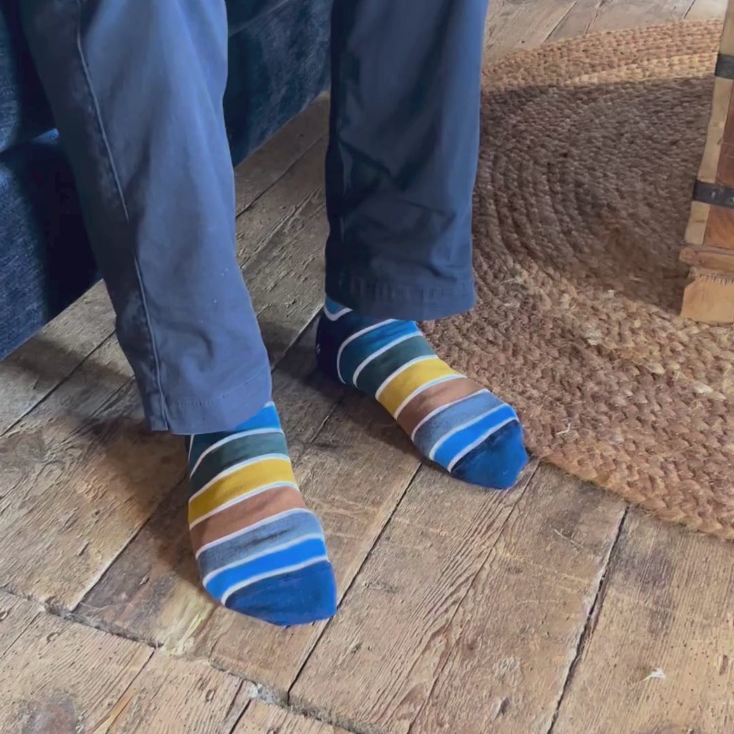 video footage of the blue striped socks being worn
