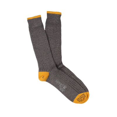 A pair of grey men's pure cotton boot socks with gold trim, displayed in a folded manner to show the cuff and foot opening.