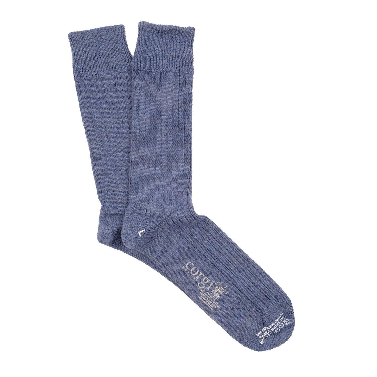 A pair of knitted socks shown flat.