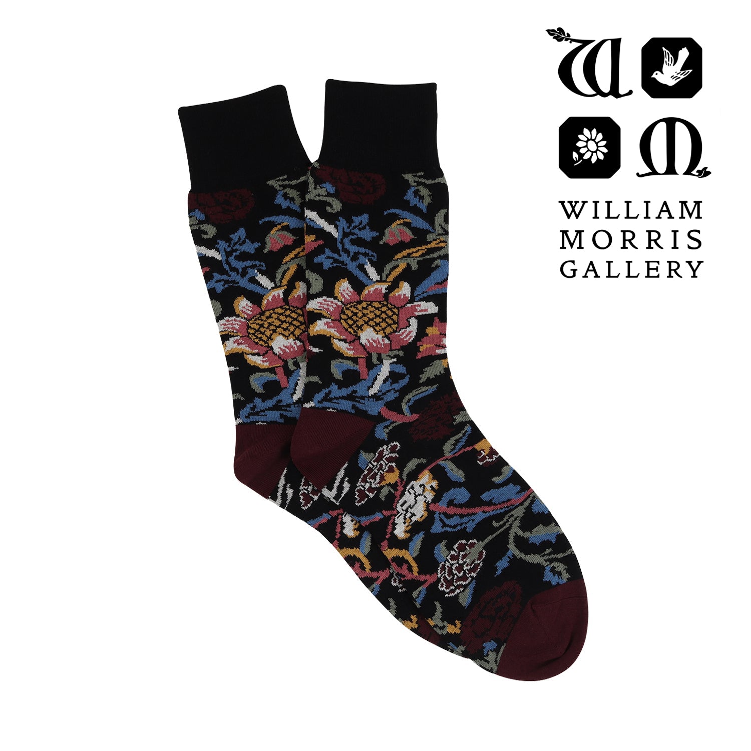Decorative sock with floral pattern on a white background, featuring the William Morris Gallery logo.