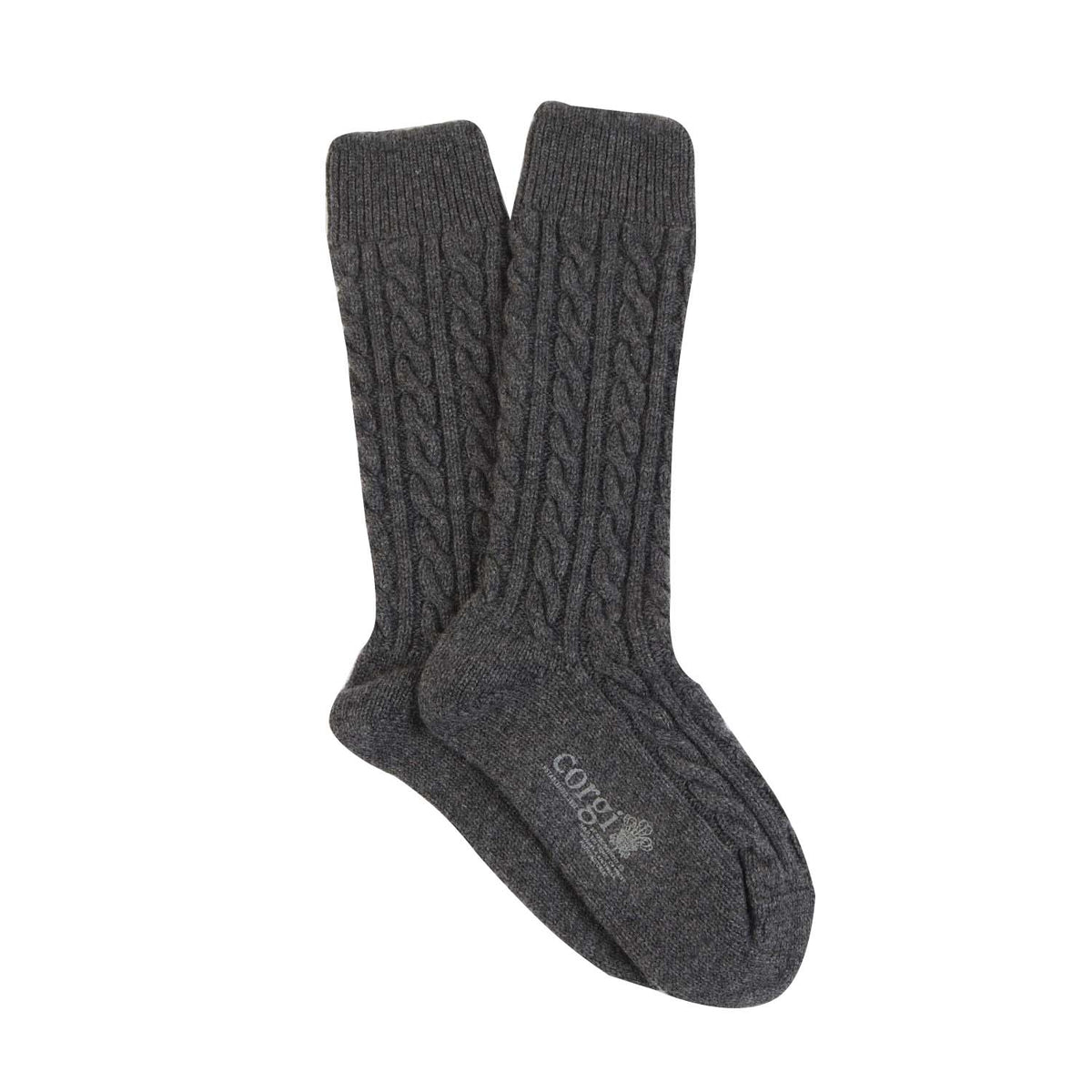 A pair of knitted socks shown flat.