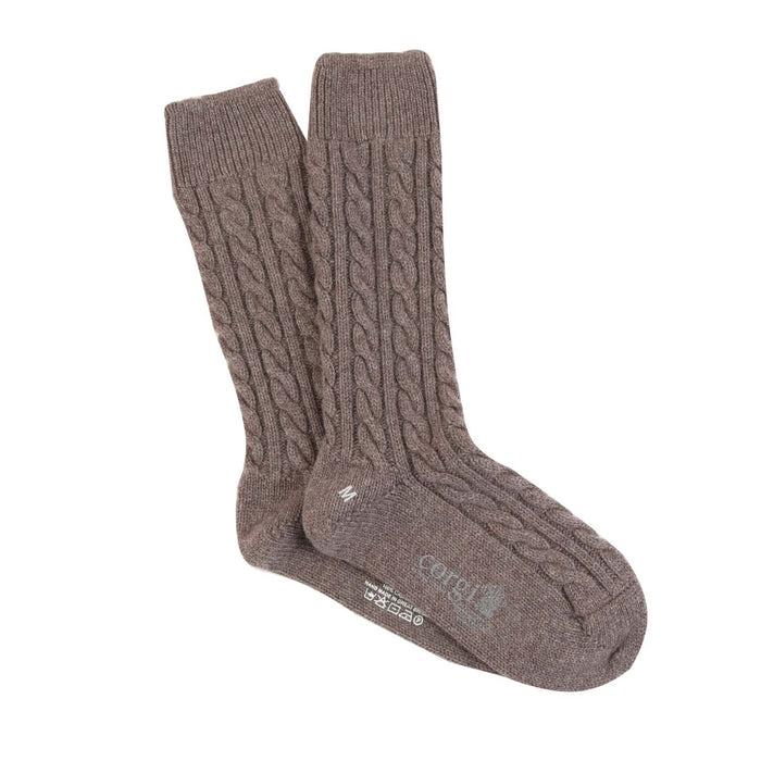 A pair of dark natural cashmere socks with a cable knit pattern, displayed against a white background.
